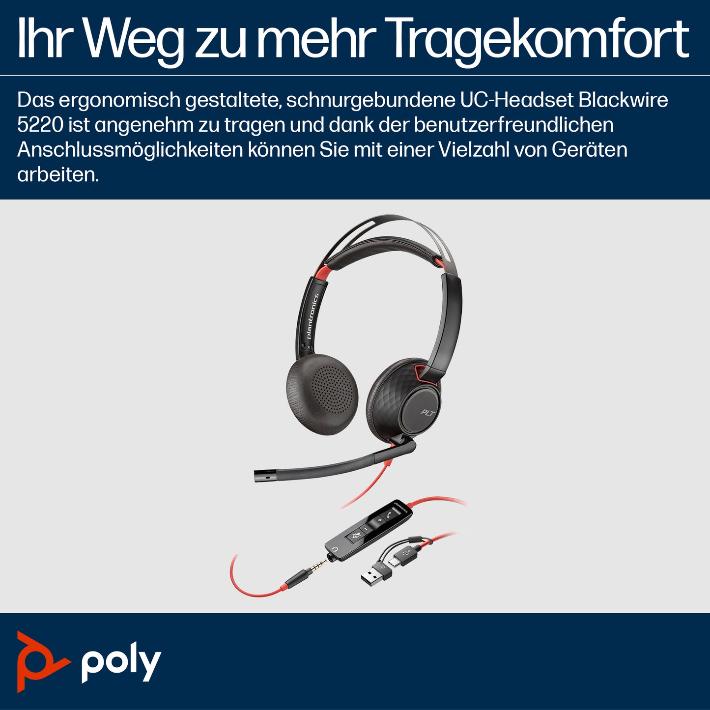 HP INC. Poly Blackwire 5220 Stereo USB-C Headset + 3.5mm Plug + USB-C/A Adapter