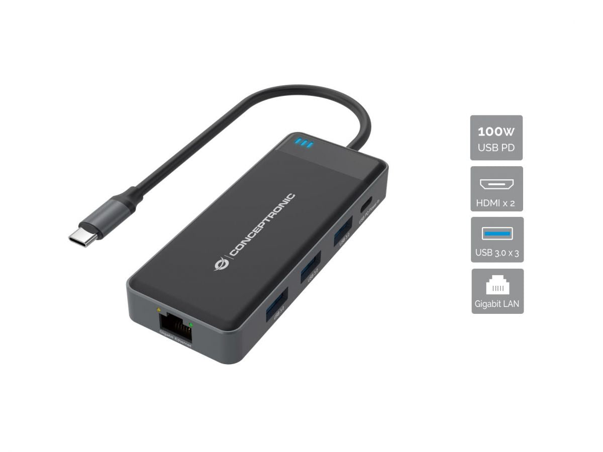 CONCEPTRONIC 7-in-1 Docking Station USB 3.2 Gen 1 - MST - HDMI x 2 - USB 3.0 x 3 - GbE - 100W USB PD