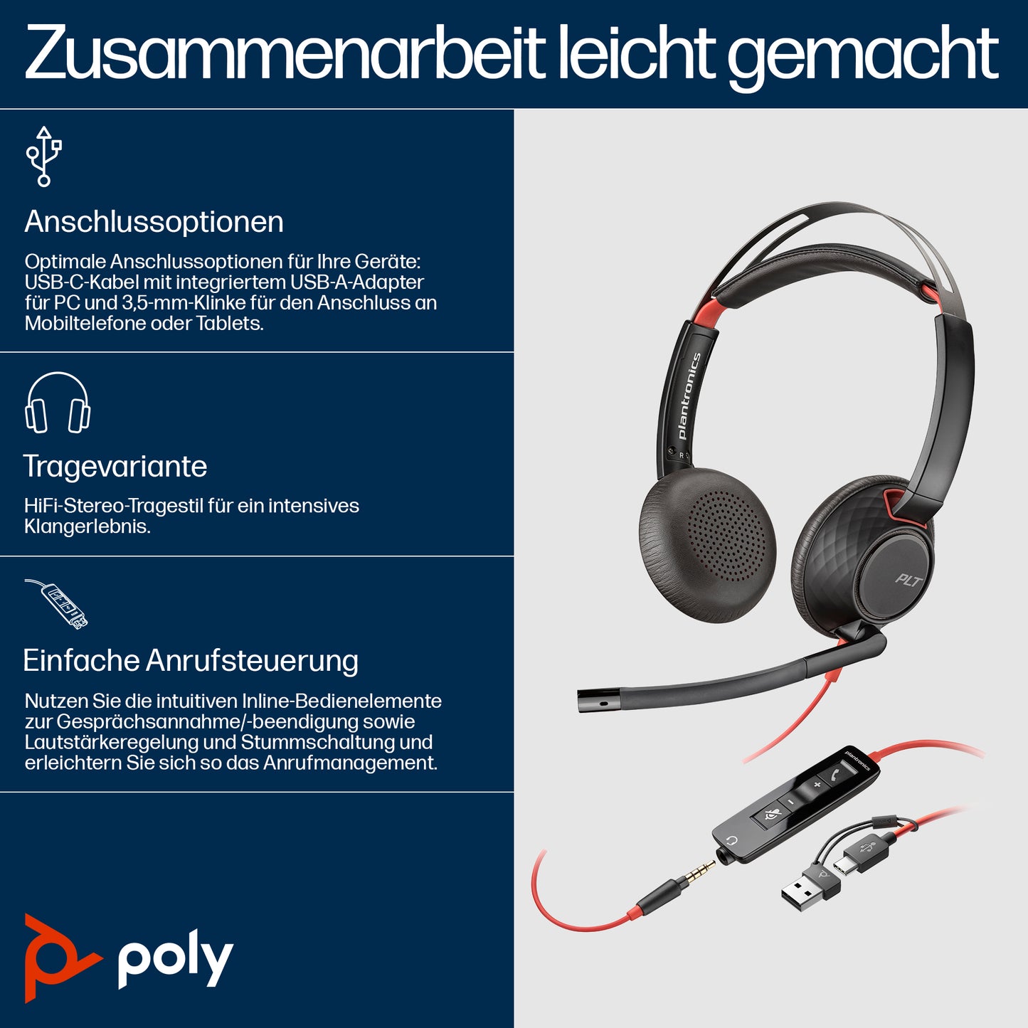 HP INC. Poly Blackwire 5220 Stereo USB-C Headset + 3.5mm Plug + USB-C/A Adapter