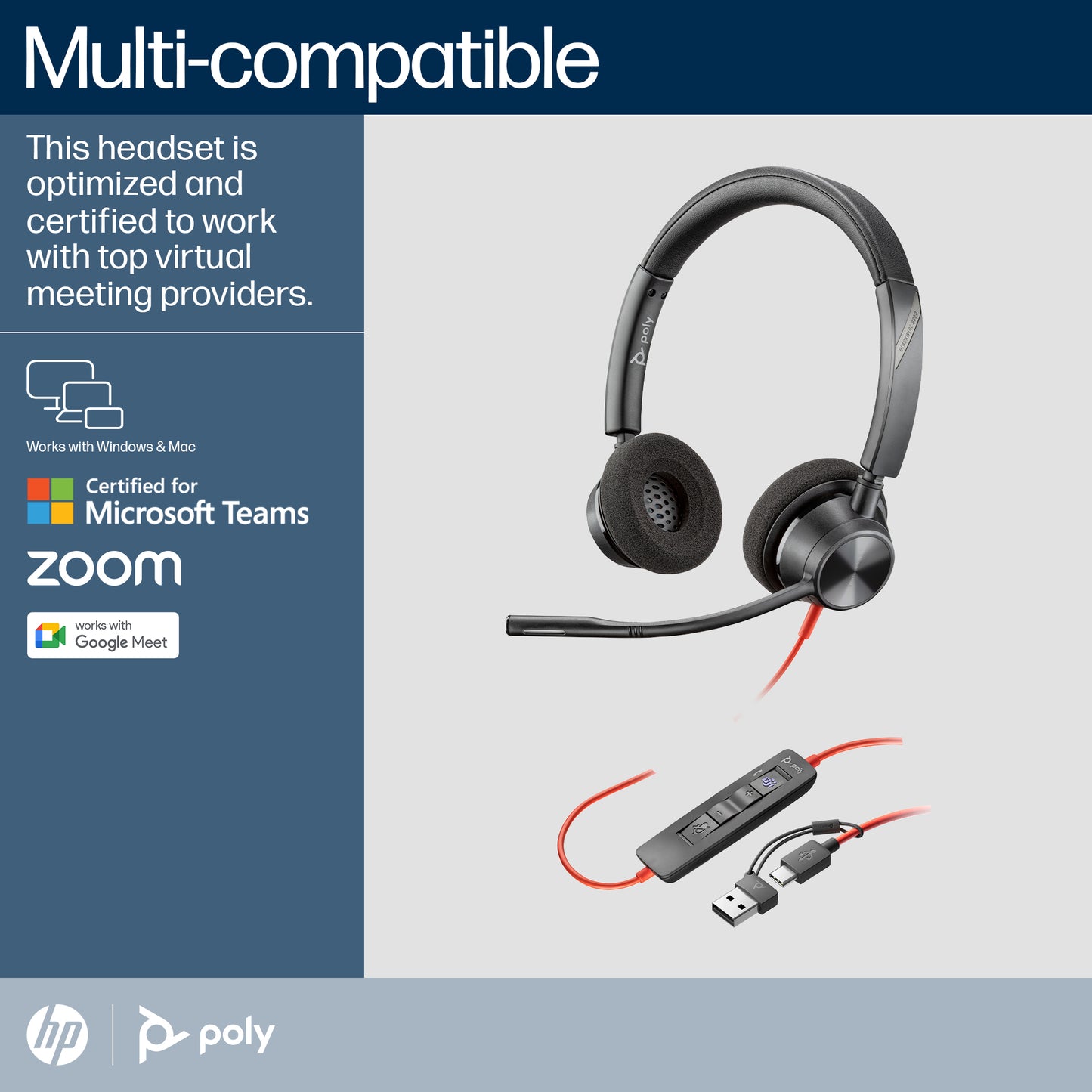 HP INC. Poly Blackwire 3320 Stereo Microsoft Teams Certified USB-C Headset + USB-C/A Adapter