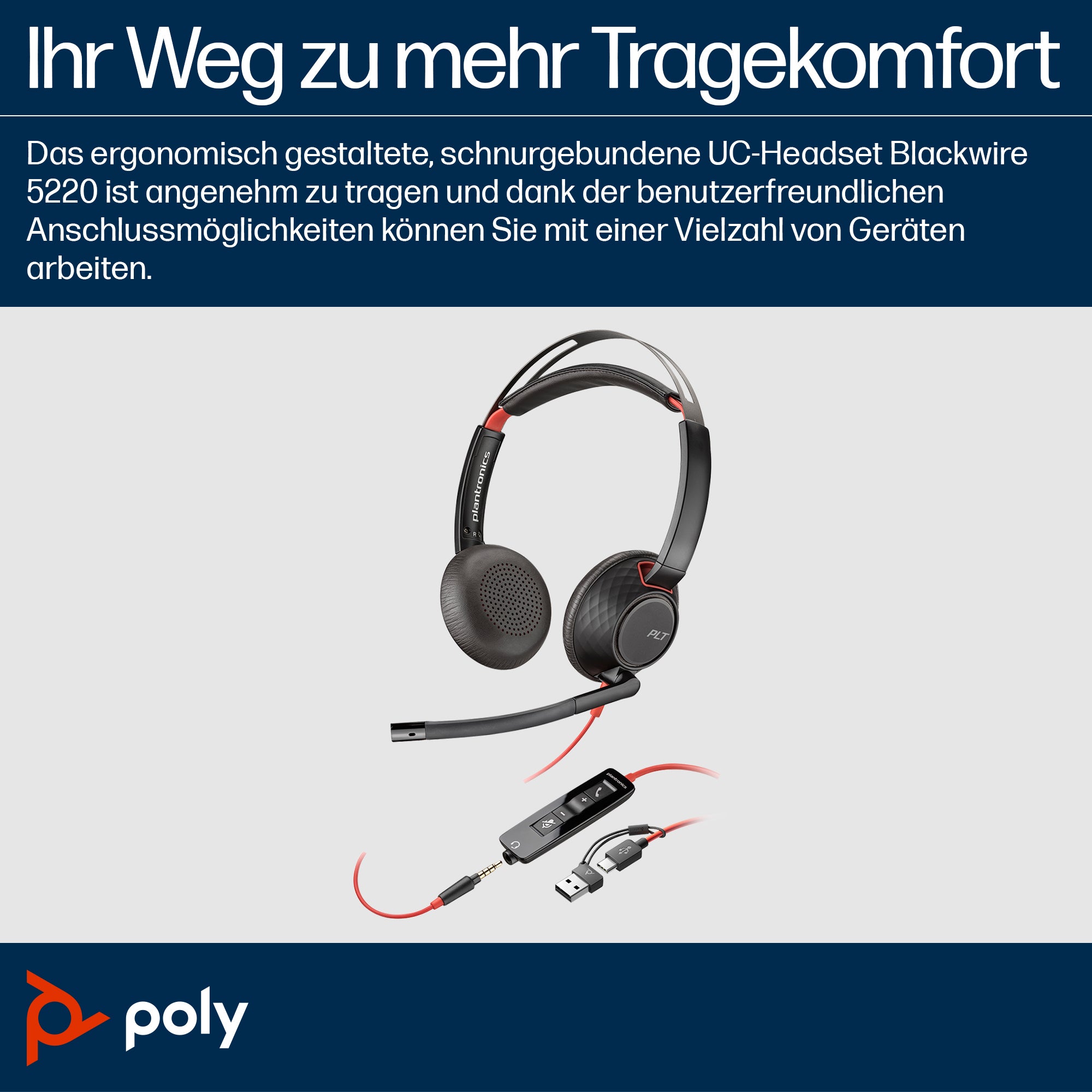 HP INC. Poly Blackwire 5220 Stereo USB-C Headset + 3.5mm Plug + USB-C/A Adapter