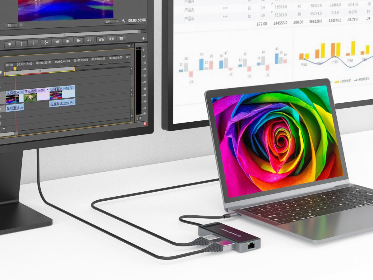 CONCEPTRONIC 7-in-1 Docking Station USB 3.2 Gen 1 - MST - HDMI x 2 - USB 3.0 x 3 - GbE - 100W USB PD