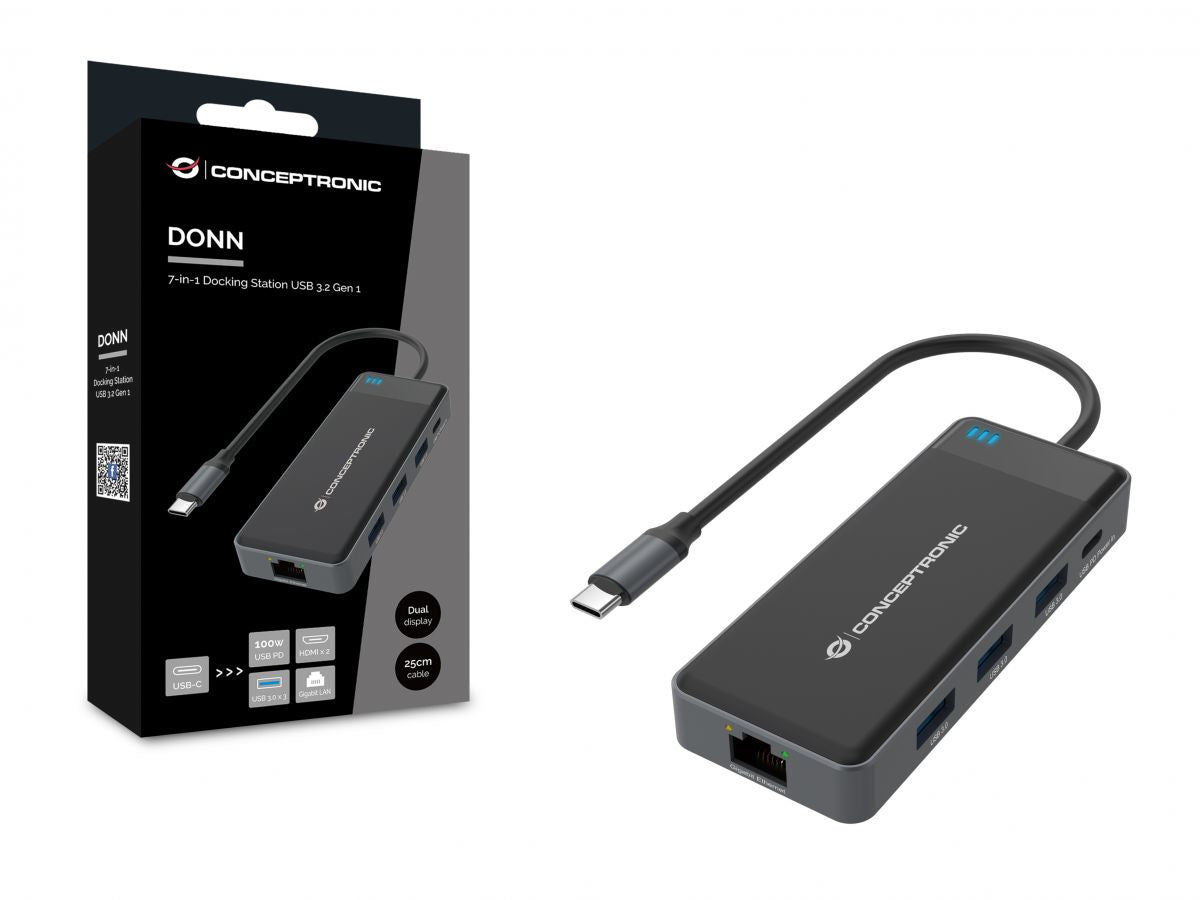 CONCEPTRONIC 7-in-1 Docking Station USB 3.2 Gen 1 - MST - HDMI x 2 - USB 3.0 x 3 - GbE - 100W USB PD