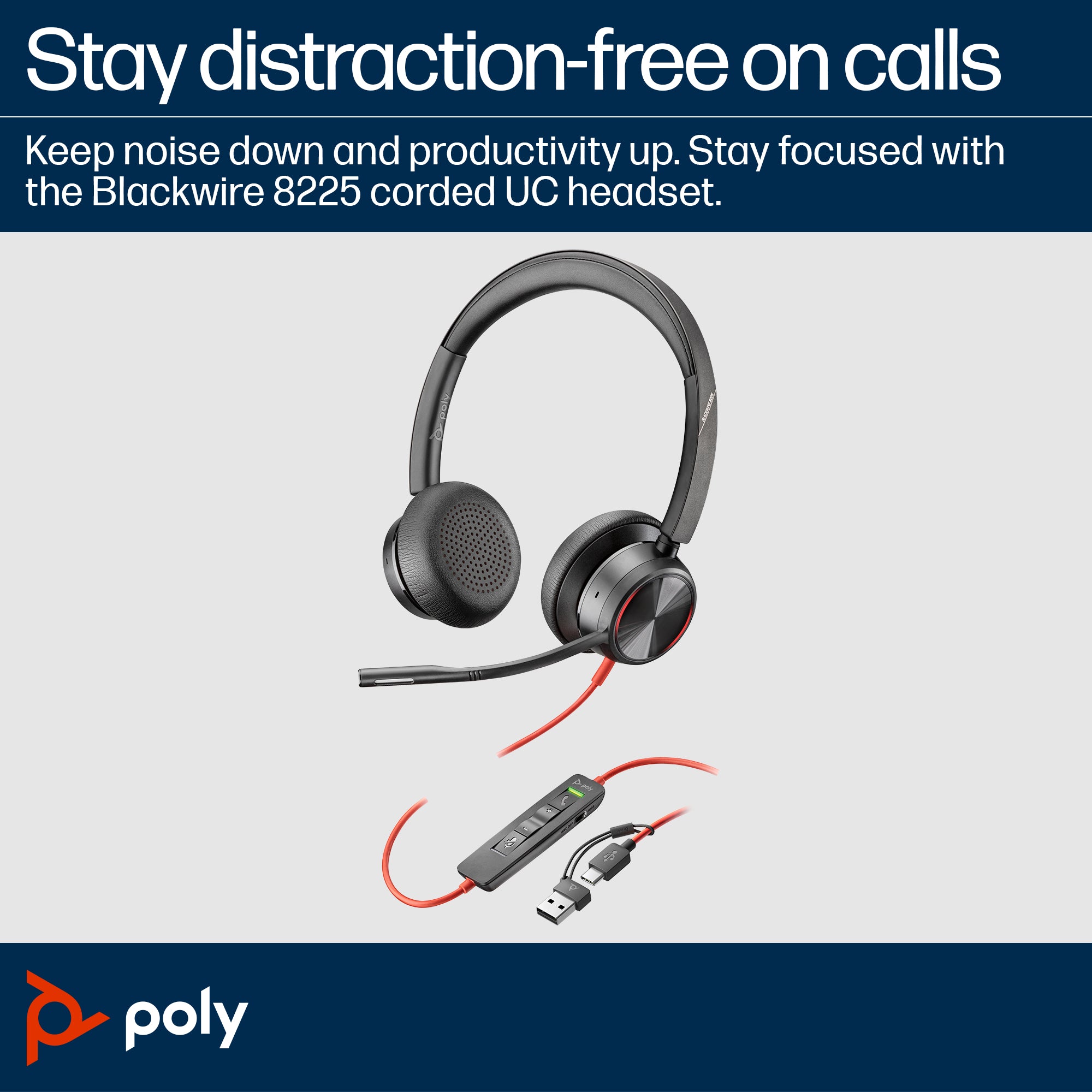 HP INC. Poly Blackwire 8225 Stereo USB-C Headset + USB-C/A Adapter