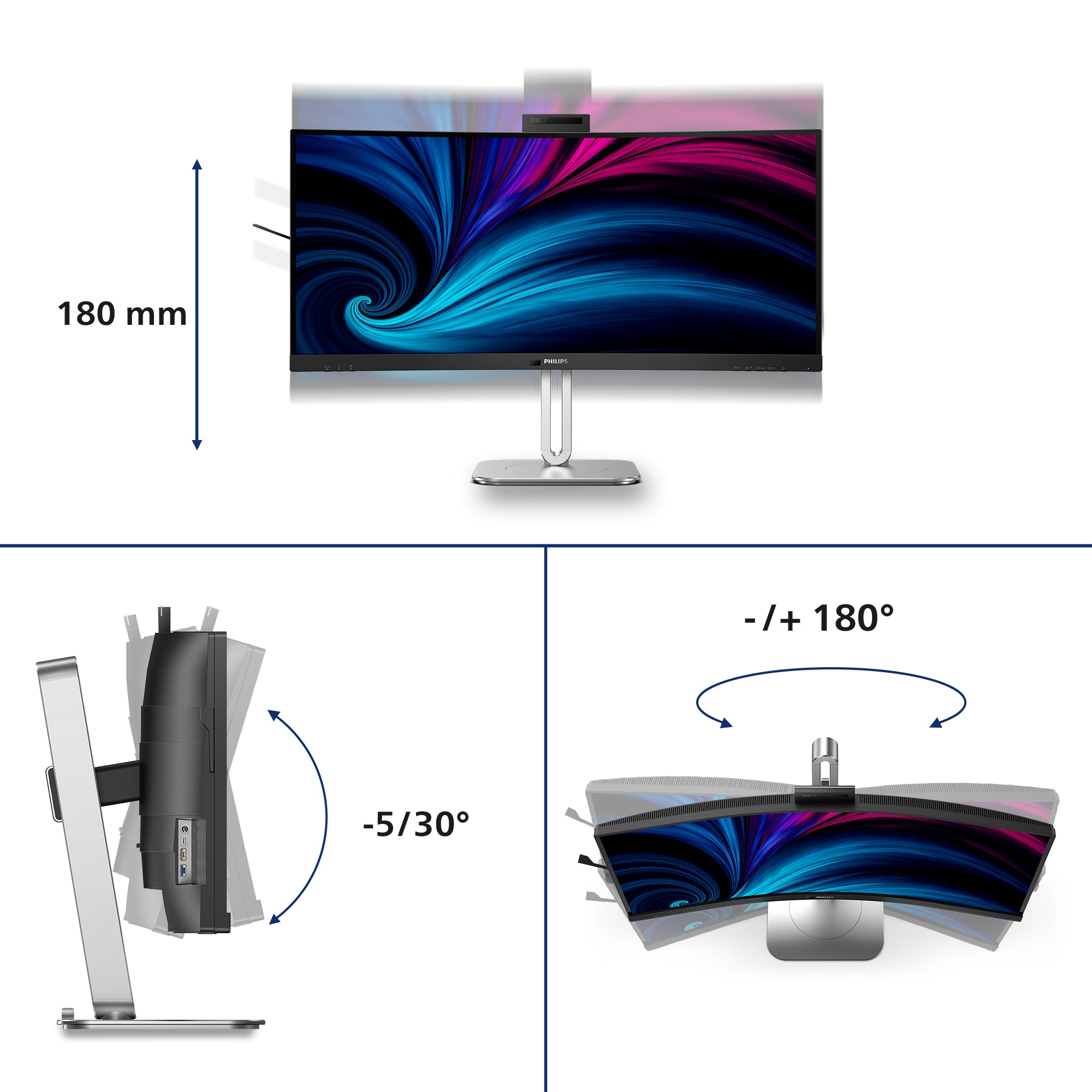 PHILIPS 6000 Series - 34 inch Curved - UltraWide Quad HD VA LED Monitor - 3440x1440 - Thunderbolt 4 - HAS / RJ45 / Webcam