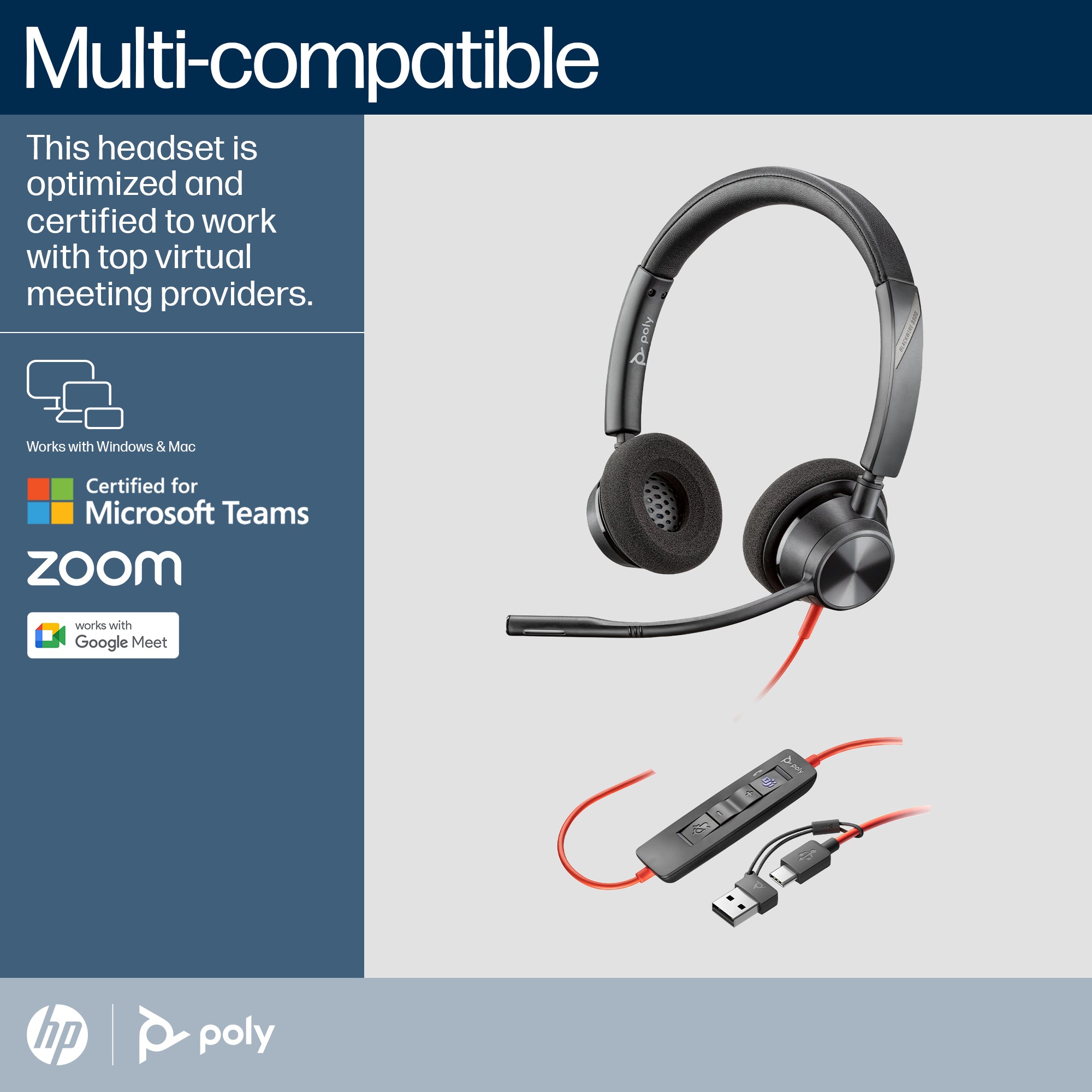 HP INC. Poly Blackwire 3320 Stereo Microsoft Teams Certified USB-C Headset + USB-C/A Adapter