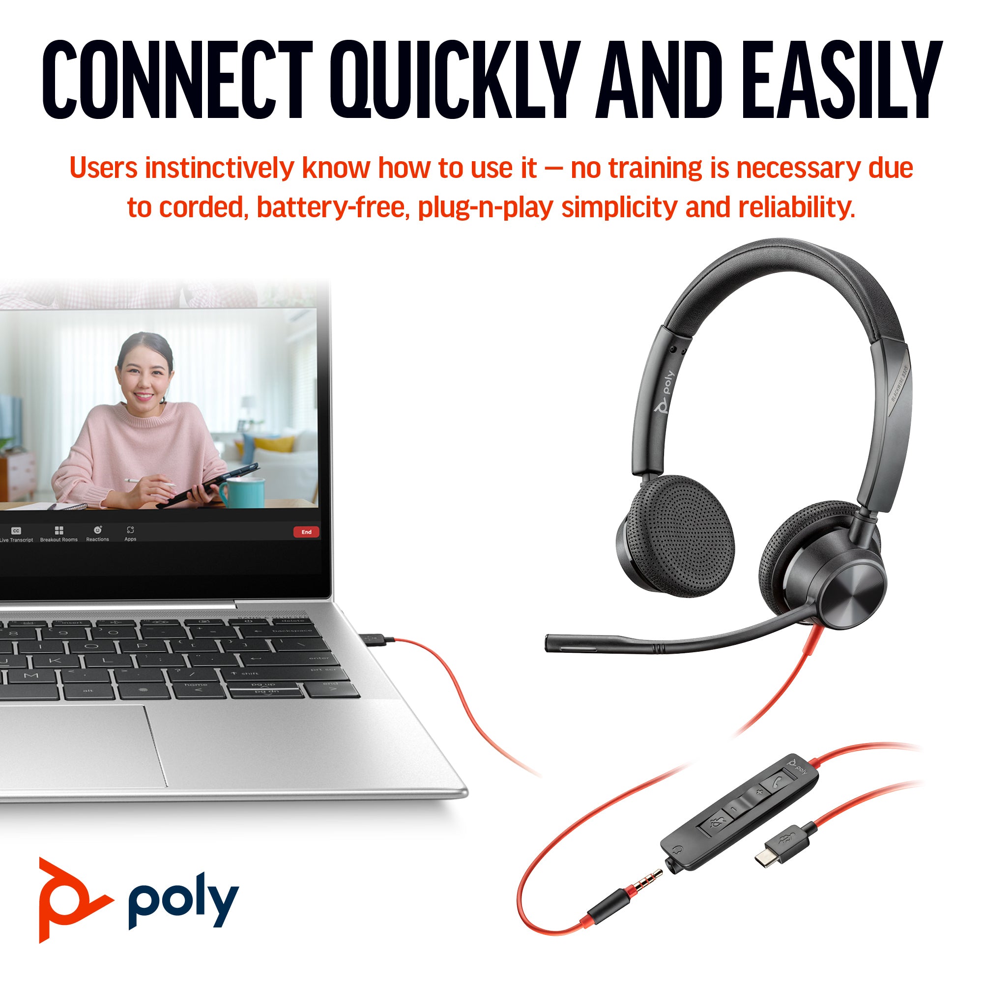 HP INC. Poly Blackwire 3325 Stereo Microsoft Teams Certified USB-C Headset + 3.5mm Plug + USB-C/A Adapter
