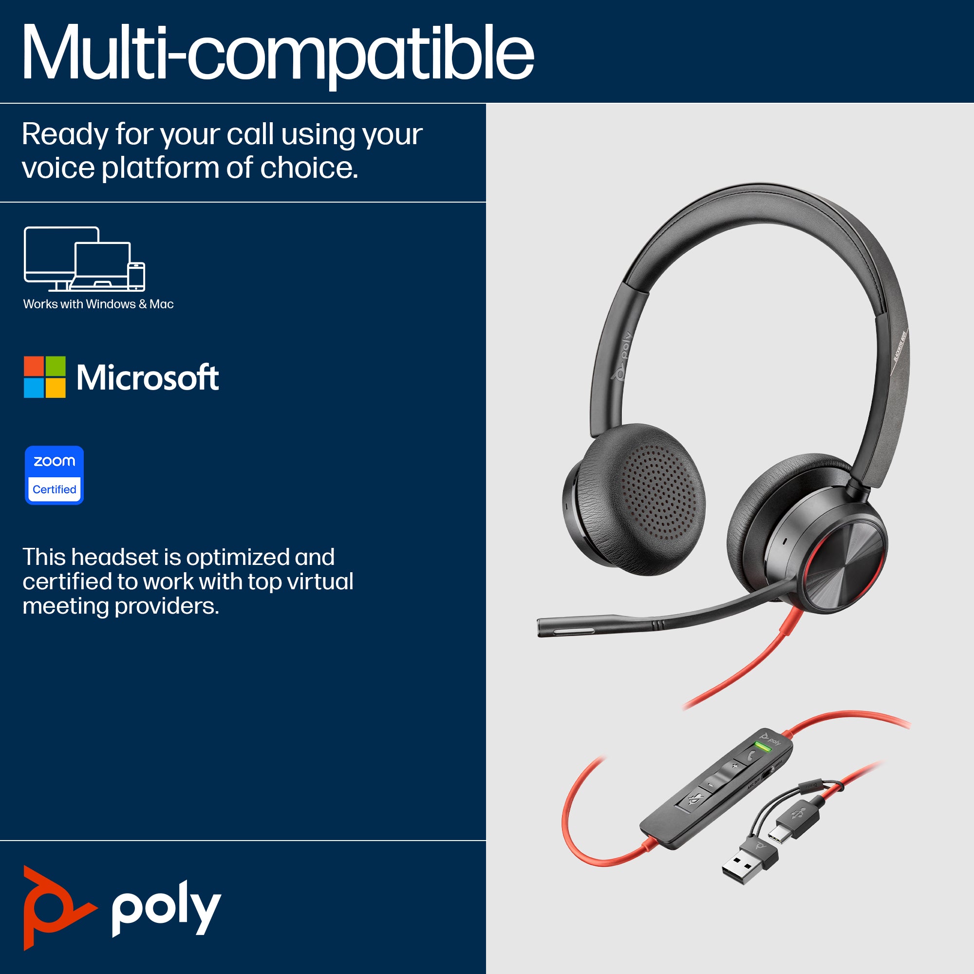HP INC. Poly Blackwire 8225 Stereo USB-C Headset + USB-C/A Adapter