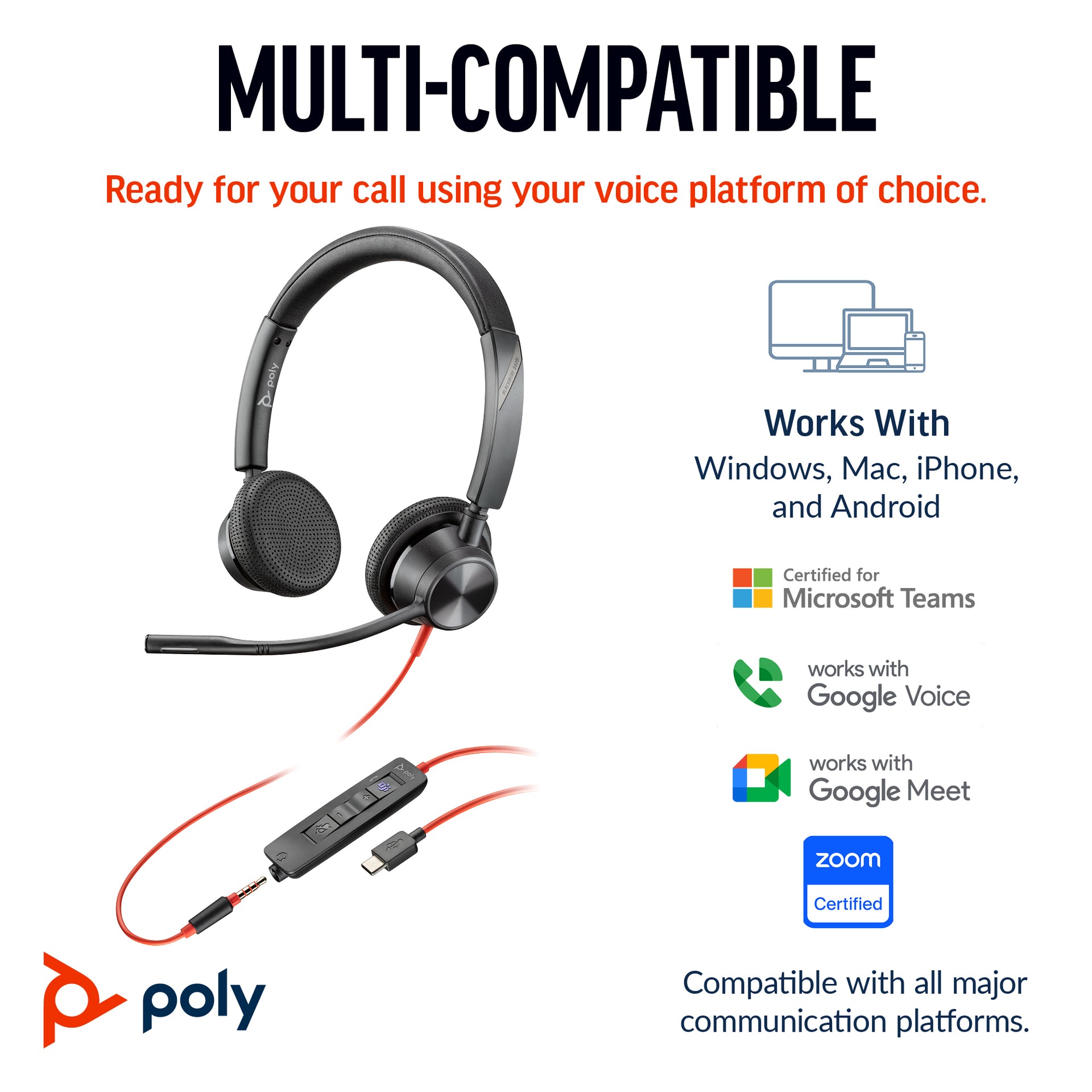 HP INC. Poly Blackwire 3325 Stereo Microsoft Teams Certified USB-C Headset + 3.5mm Plug + USB-C/A Adapter