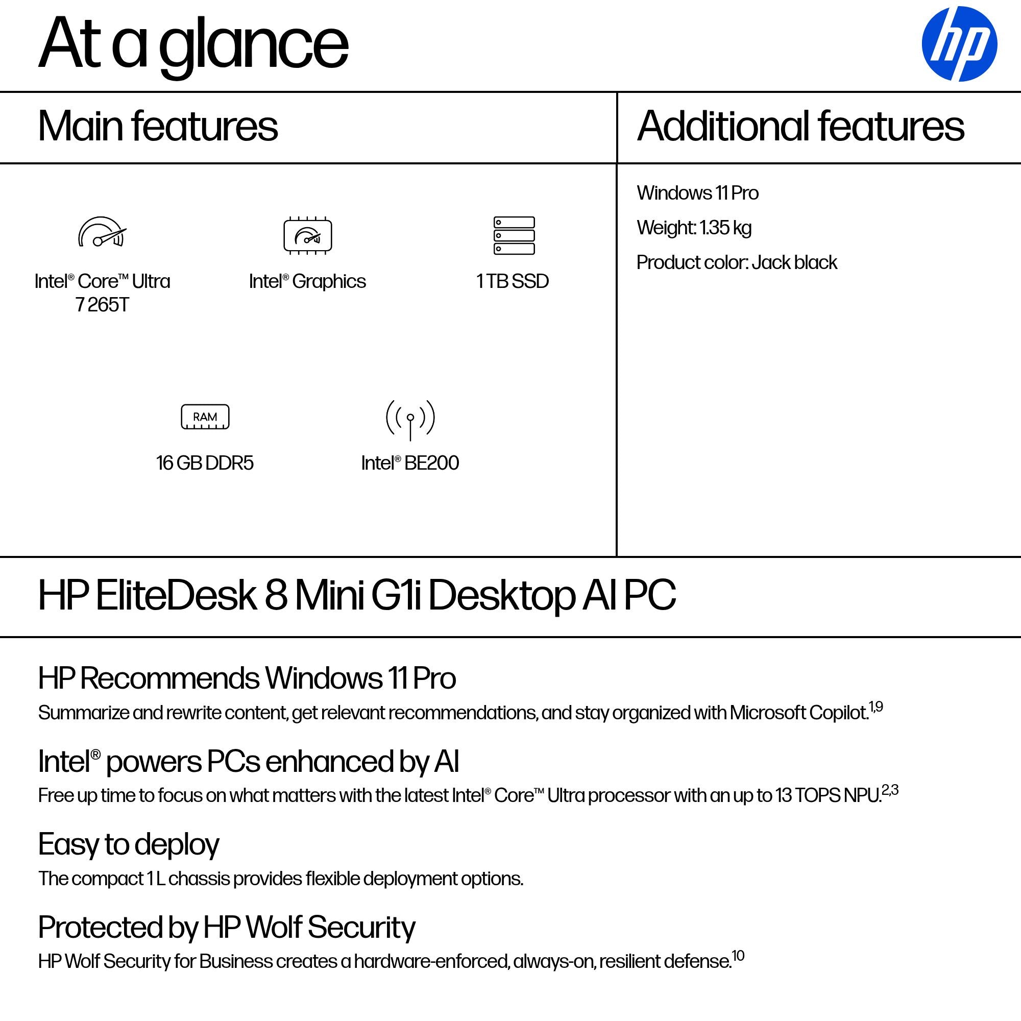 HP INC. EliteDesk 8 Mini G1i Desktop PC - Intel Core Ultra 7 265T - 16GB RAM - 512GB SSD - Windows 11 Pro - #AKD - QWERTY US - [ POLISH]